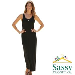 Olivia Gray Black Ribbed Sleeveless Maxi Dress Side Slit Rayon Cotton Stretch L